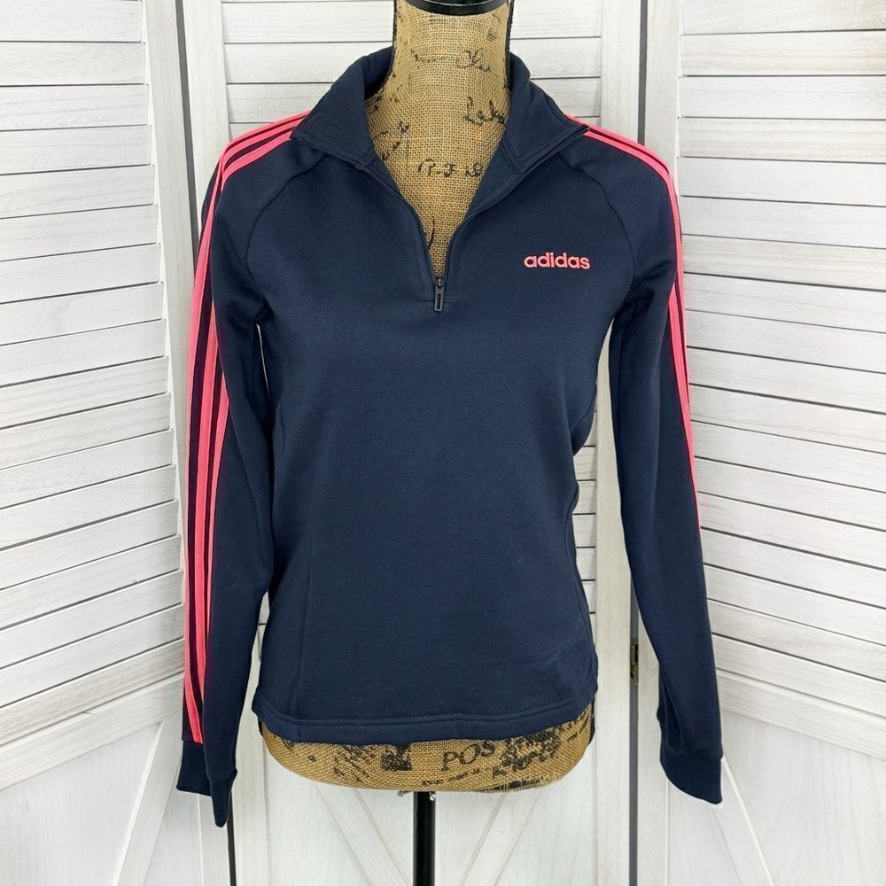 Adidas Essentials 3 Stripes Quarter Zip Fleece‎ Pullover Top Blue Pink Small
